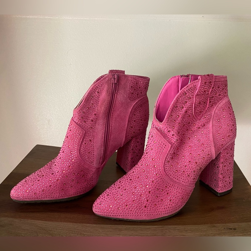 Pink Suede Ankle Boots with Rhinestones